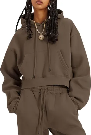 Womens Fleece 2 Piece Outfits Lounge Sets Crop Hoodies Tops Elastic Waist Jogger Pant Sweatsuits
