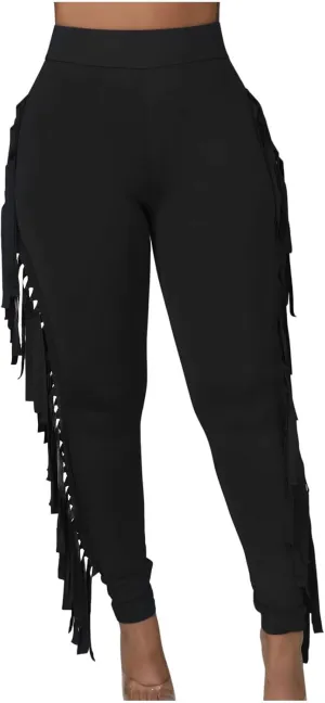 Women's Fringe Pants Casual High Waist Solid Bodycon Side Tassel Pants Yoga Dance Pants Sweatpants Bandage Pants