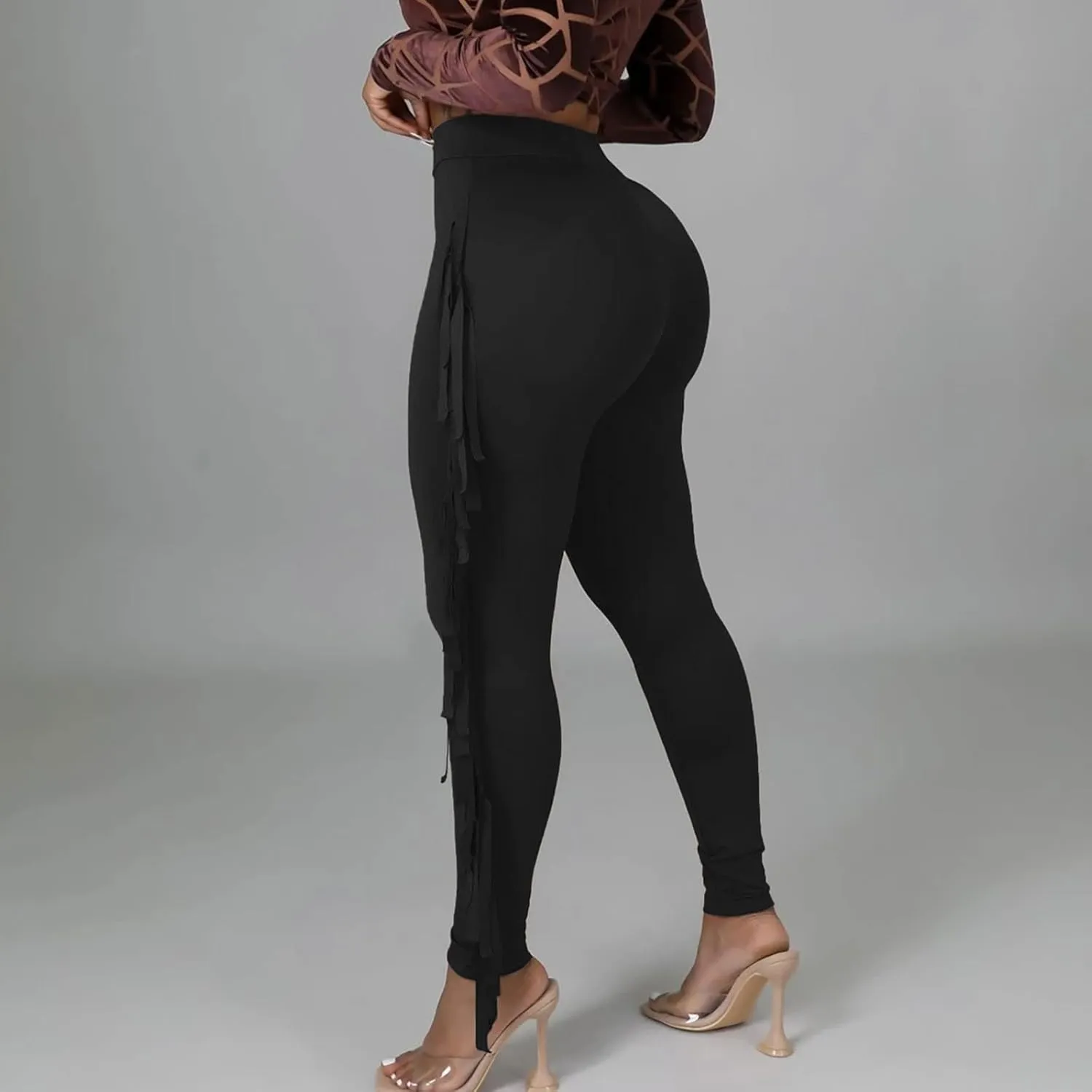 Women's Fringe Pants Casual High Waist Solid Bodycon Side Tassel Pants Yoga Dance Pants Sweatpants Bandage Pants