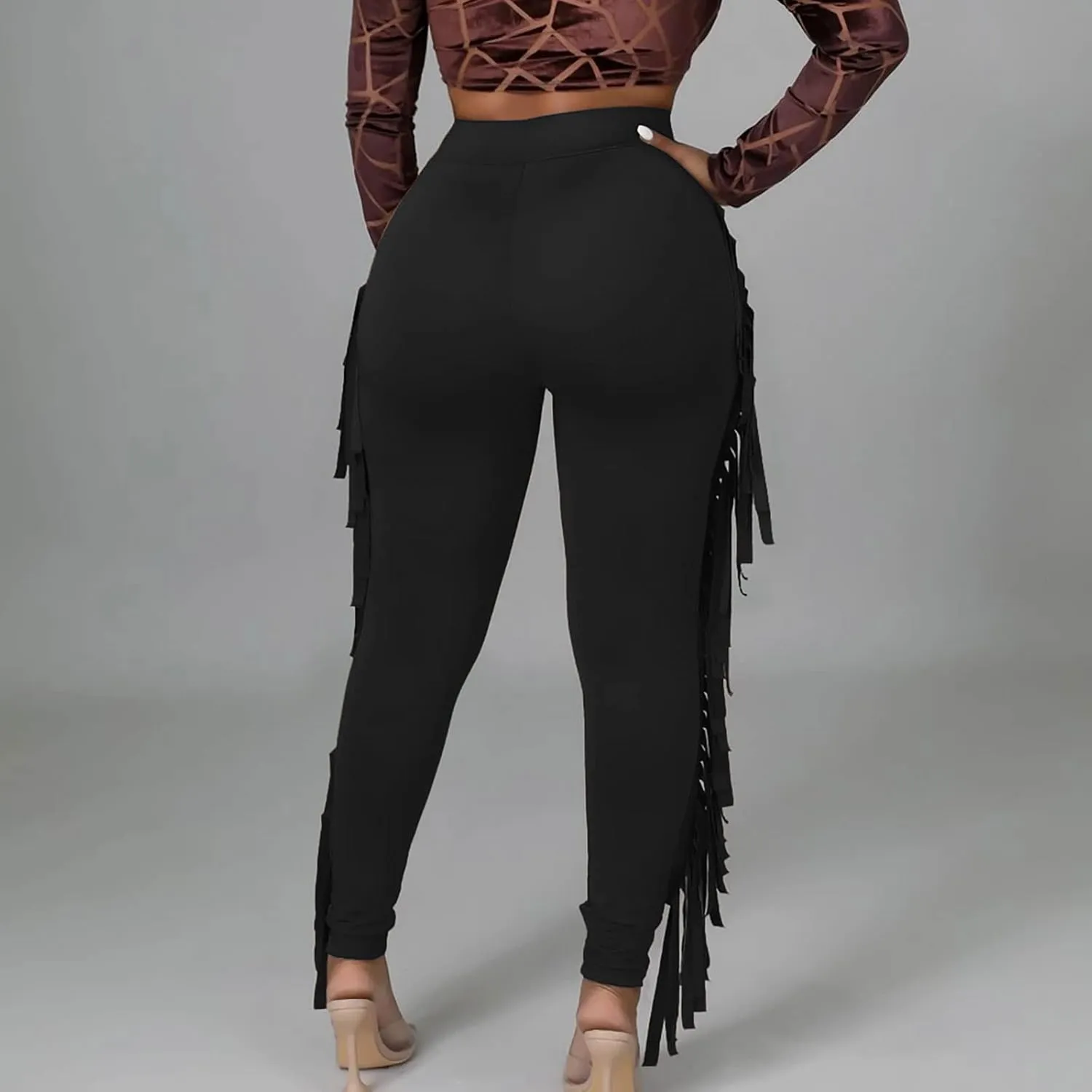 Women's Fringe Pants Casual High Waist Solid Bodycon Side Tassel Pants Yoga Dance Pants Sweatpants Bandage Pants