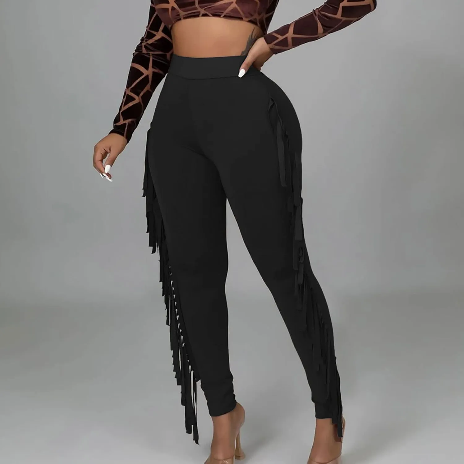 Women's Fringe Pants Casual High Waist Solid Bodycon Side Tassel Pants Yoga Dance Pants Sweatpants Bandage Pants