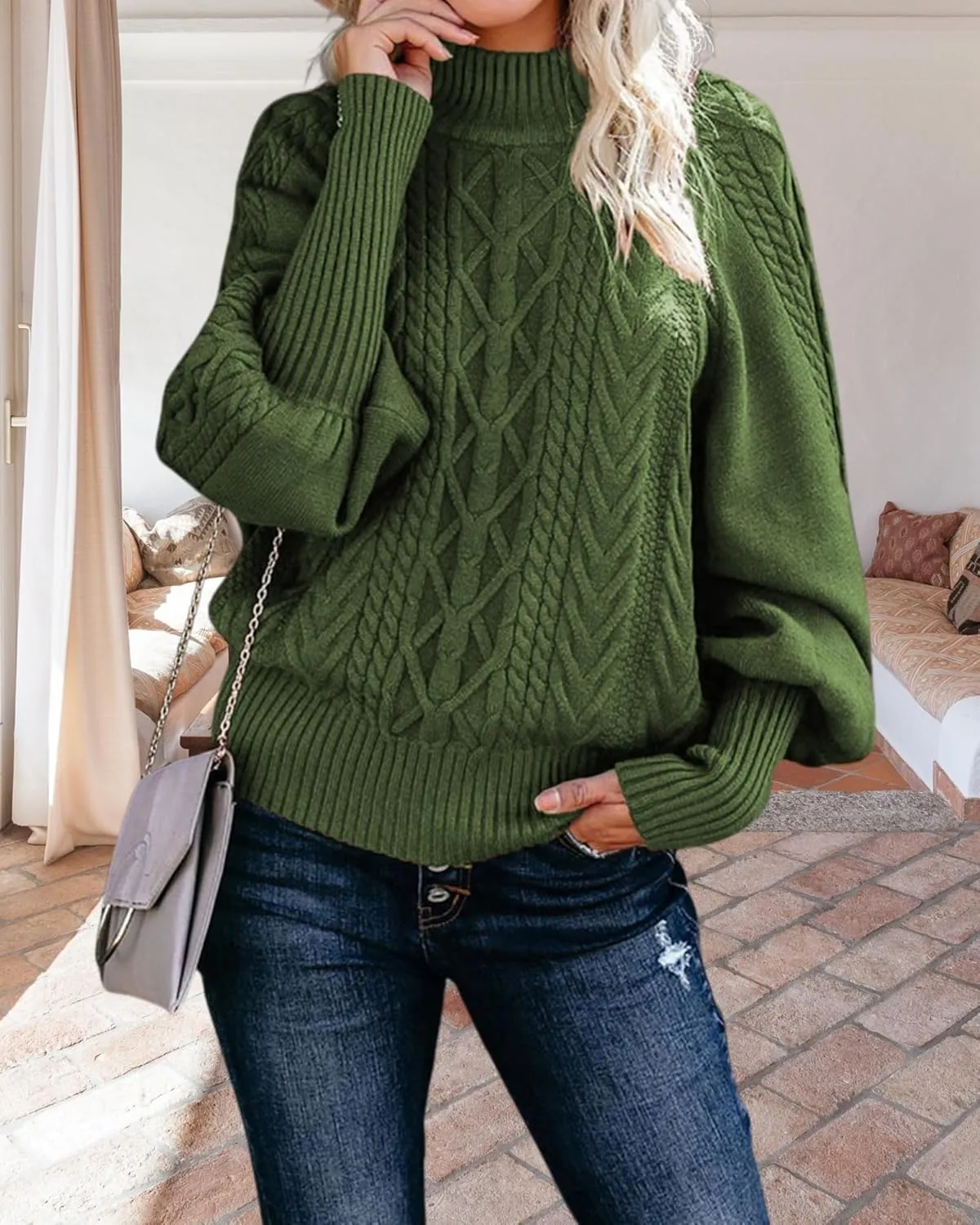 Womens High Neck Cable Knit Lantern Long Sleeve Sweaters Solid Loose Pullovers Sweater for Women Casual 2024