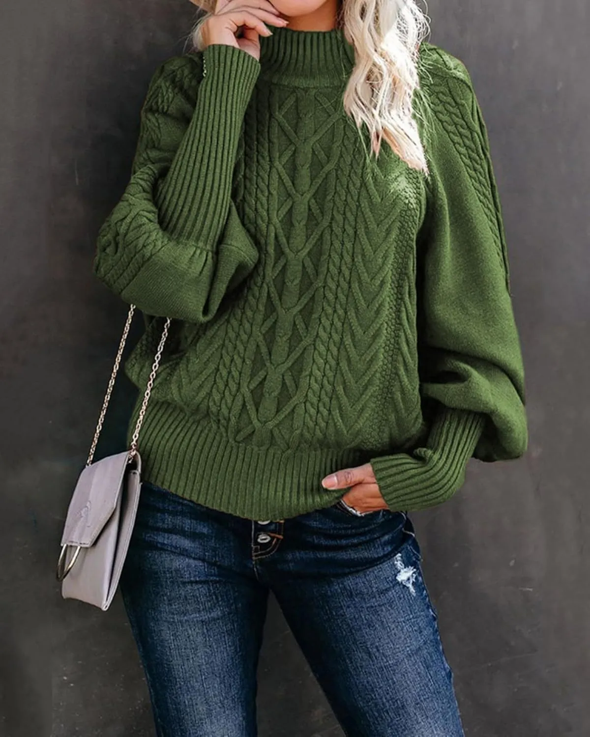 Womens High Neck Cable Knit Lantern Long Sleeve Sweaters Solid Loose Pullovers Sweater for Women Casual 2024