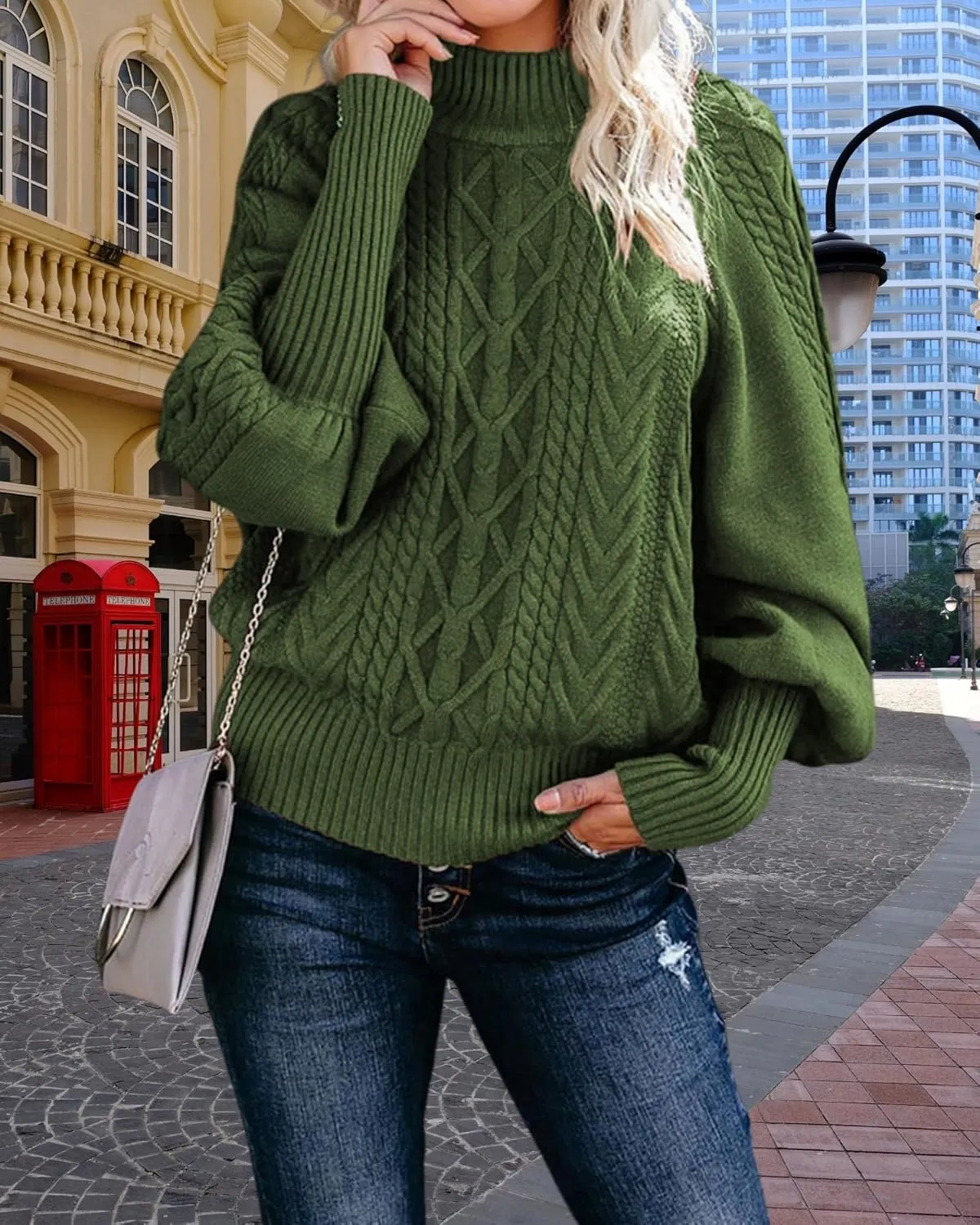 Womens High Neck Cable Knit Lantern Long Sleeve Sweaters Solid Loose Pullovers Sweater for Women Casual 2024