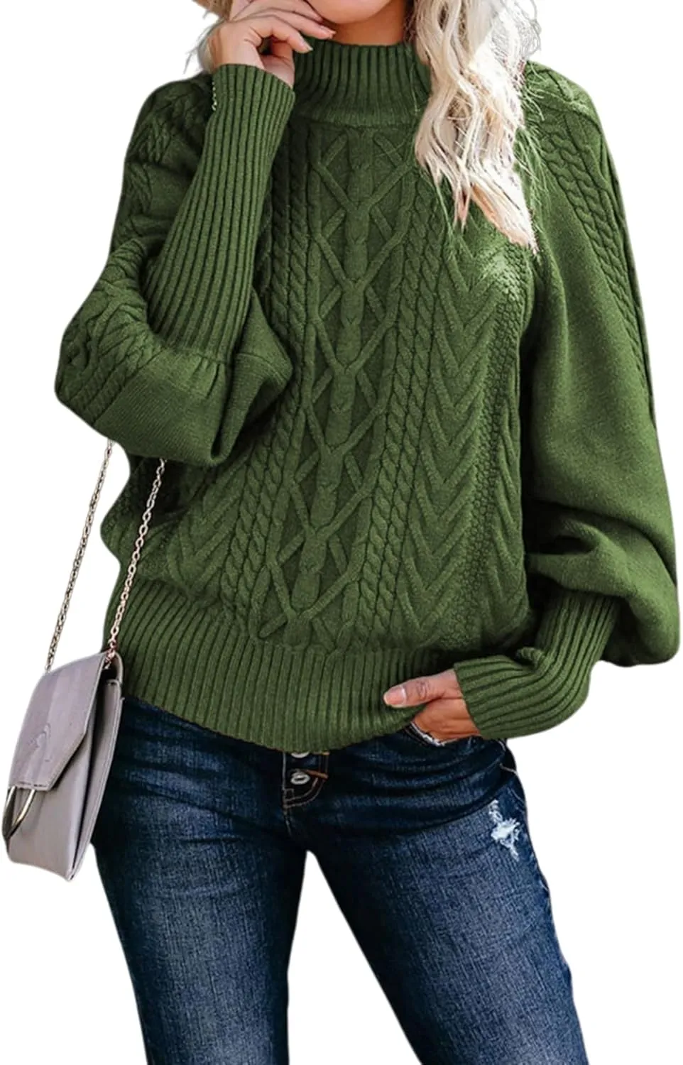 Womens High Neck Cable Knit Lantern Long Sleeve Sweaters Solid Loose Pullovers Sweater for Women Casual 2024