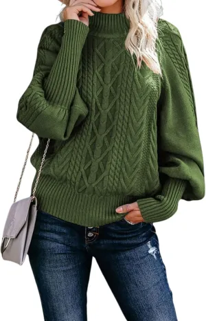 Womens High Neck Cable Knit Lantern Long Sleeve Sweaters Solid Loose Pullovers Sweater for Women Casual 2024