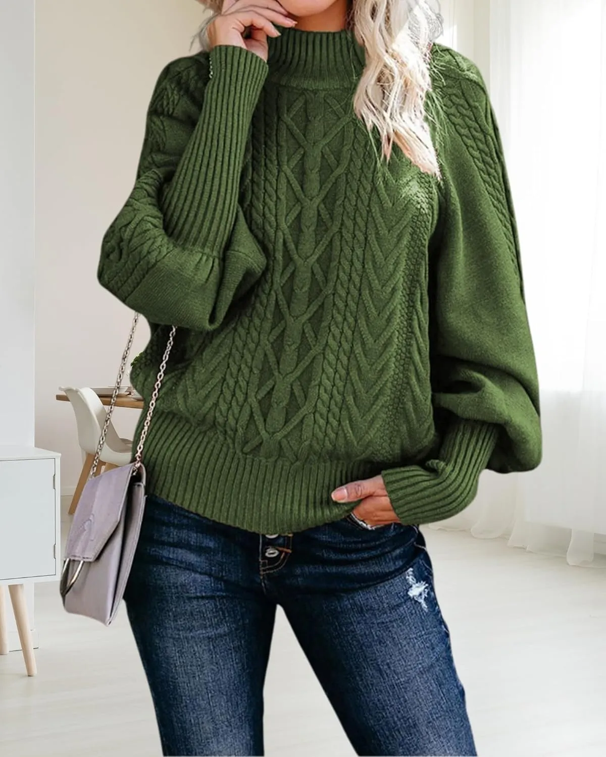 Womens High Neck Cable Knit Lantern Long Sleeve Sweaters Solid Loose Pullovers Sweater for Women Casual 2024