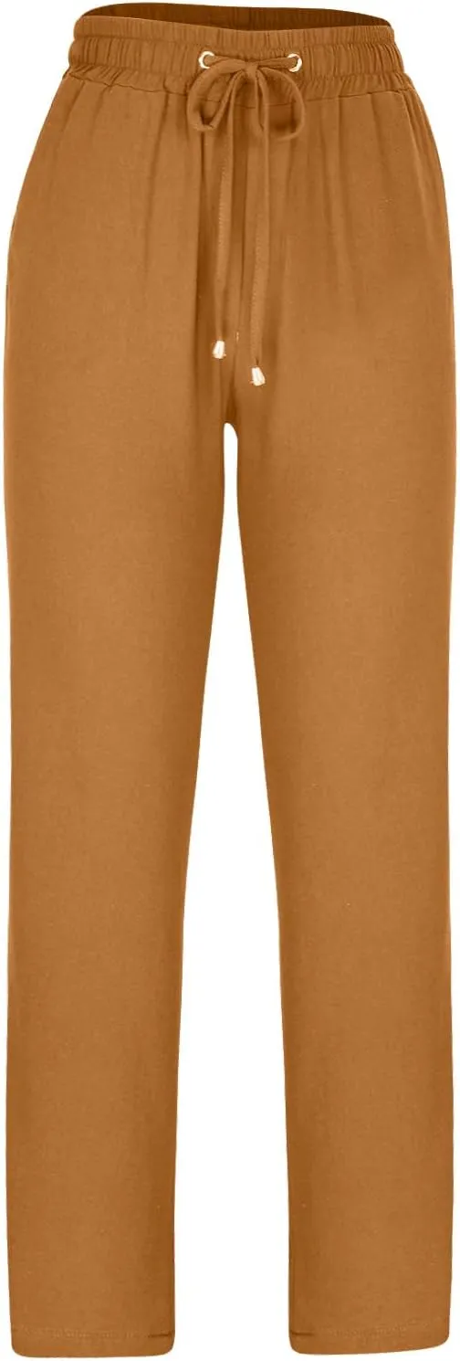Women's High Waisted Linen Pants Casual Summer Pants Plus Size Lounge Pants Lightweight Comfy Pants Drawstring Trouser
