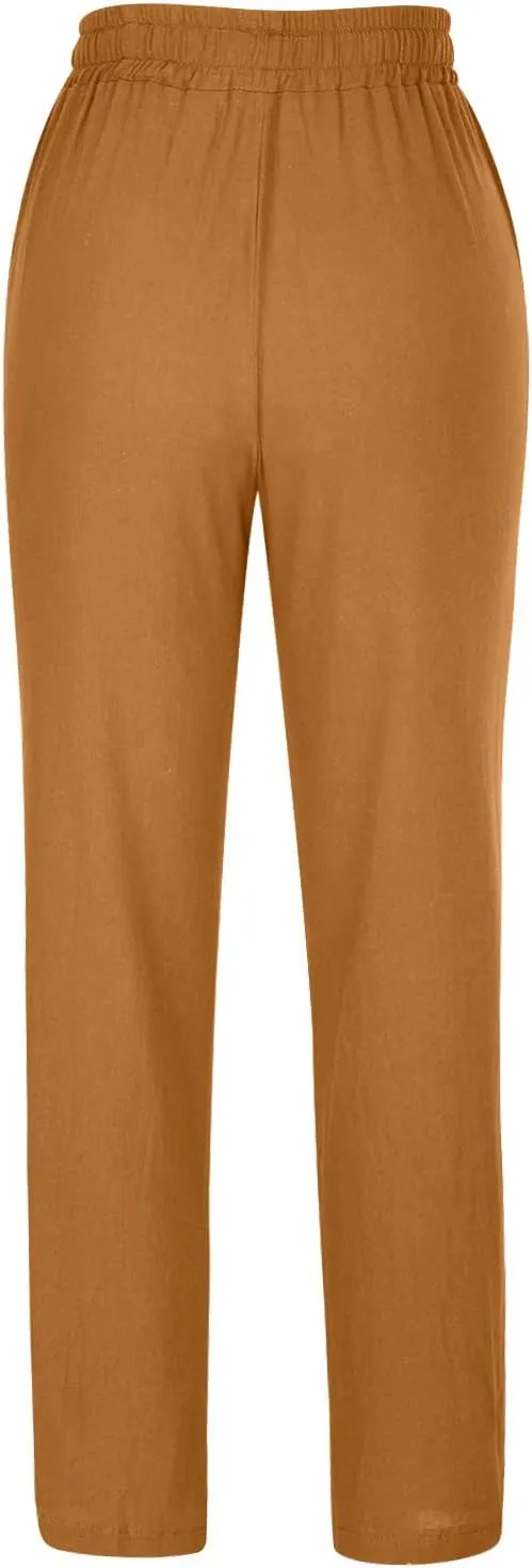 Women's High Waisted Linen Pants Casual Summer Pants Plus Size Lounge Pants Lightweight Comfy Pants Drawstring Trouser