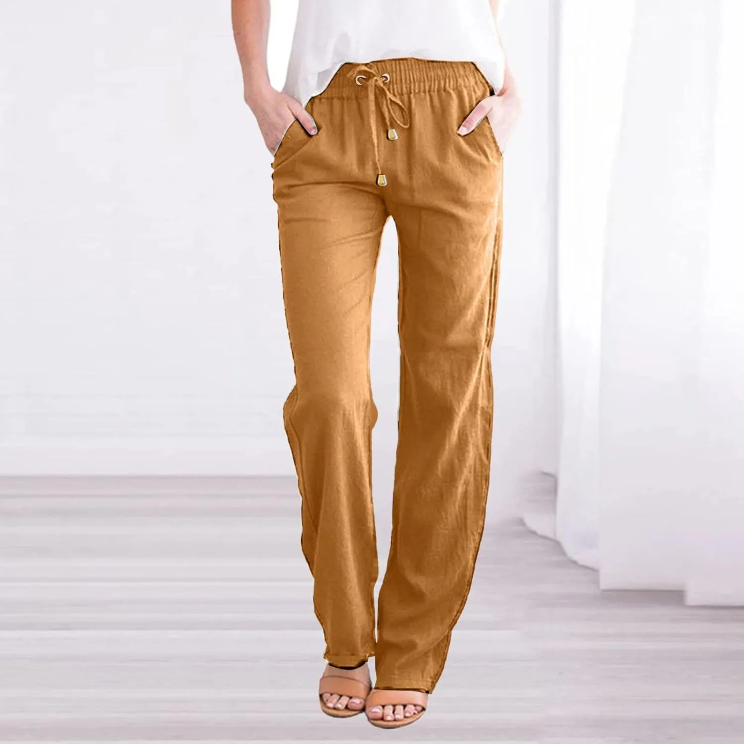 Women's High Waisted Linen Pants Casual Summer Pants Plus Size Lounge Pants Lightweight Comfy Pants Drawstring Trouser