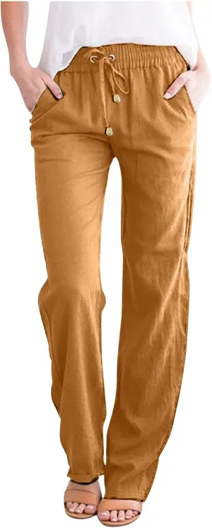 Women's High Waisted Linen Pants Casual Summer Pants Plus Size Lounge Pants Lightweight Comfy Pants Drawstring Trouser