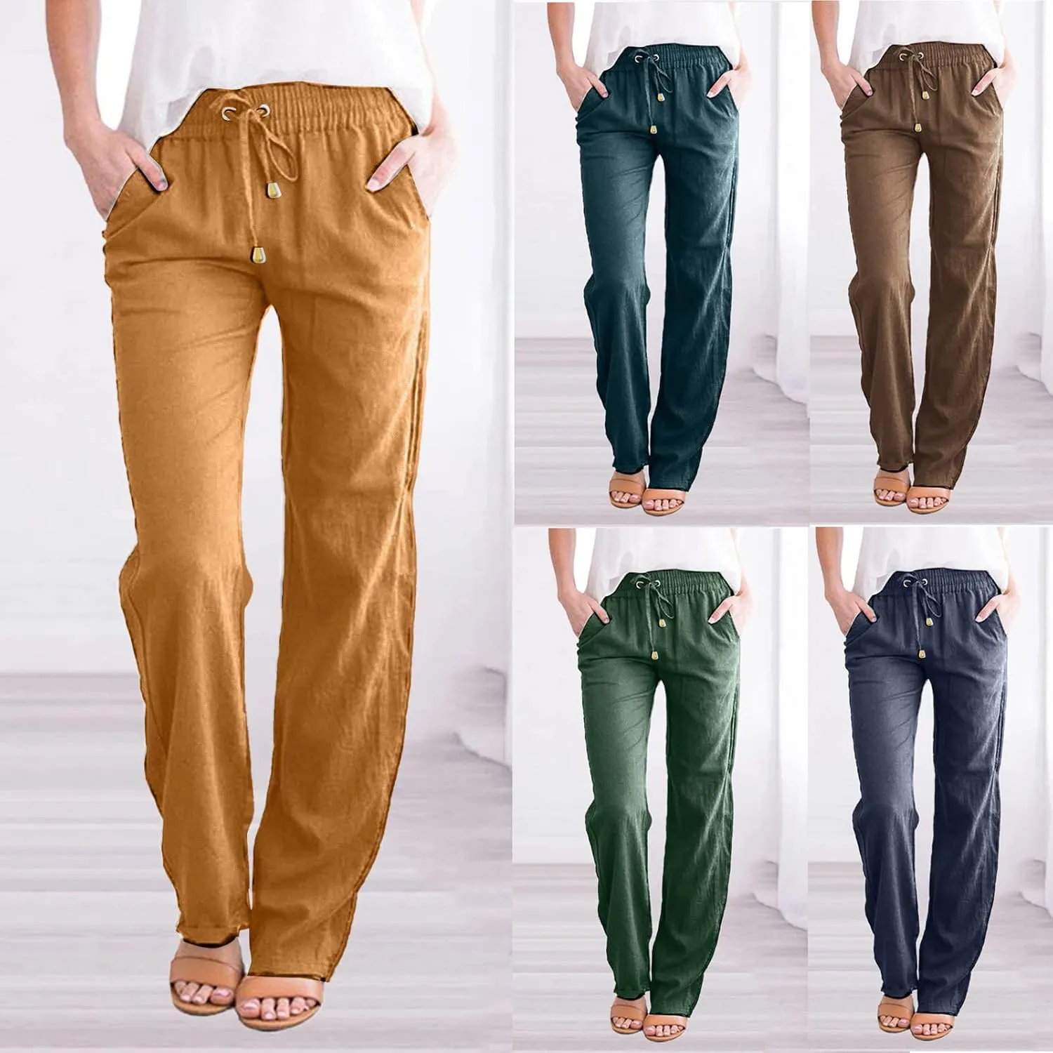 Women's High Waisted Linen Pants Casual Summer Pants Plus Size Lounge Pants Lightweight Comfy Pants Drawstring Trouser