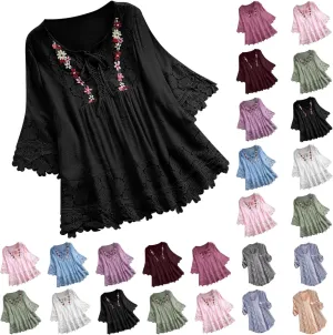 Women's Linen Loose Fit Tshirt Tops Vintage Lace Tie V-Neck Embroidered Tunics Comfy Relaxed Ladies 3/4 Sleeve Blouse