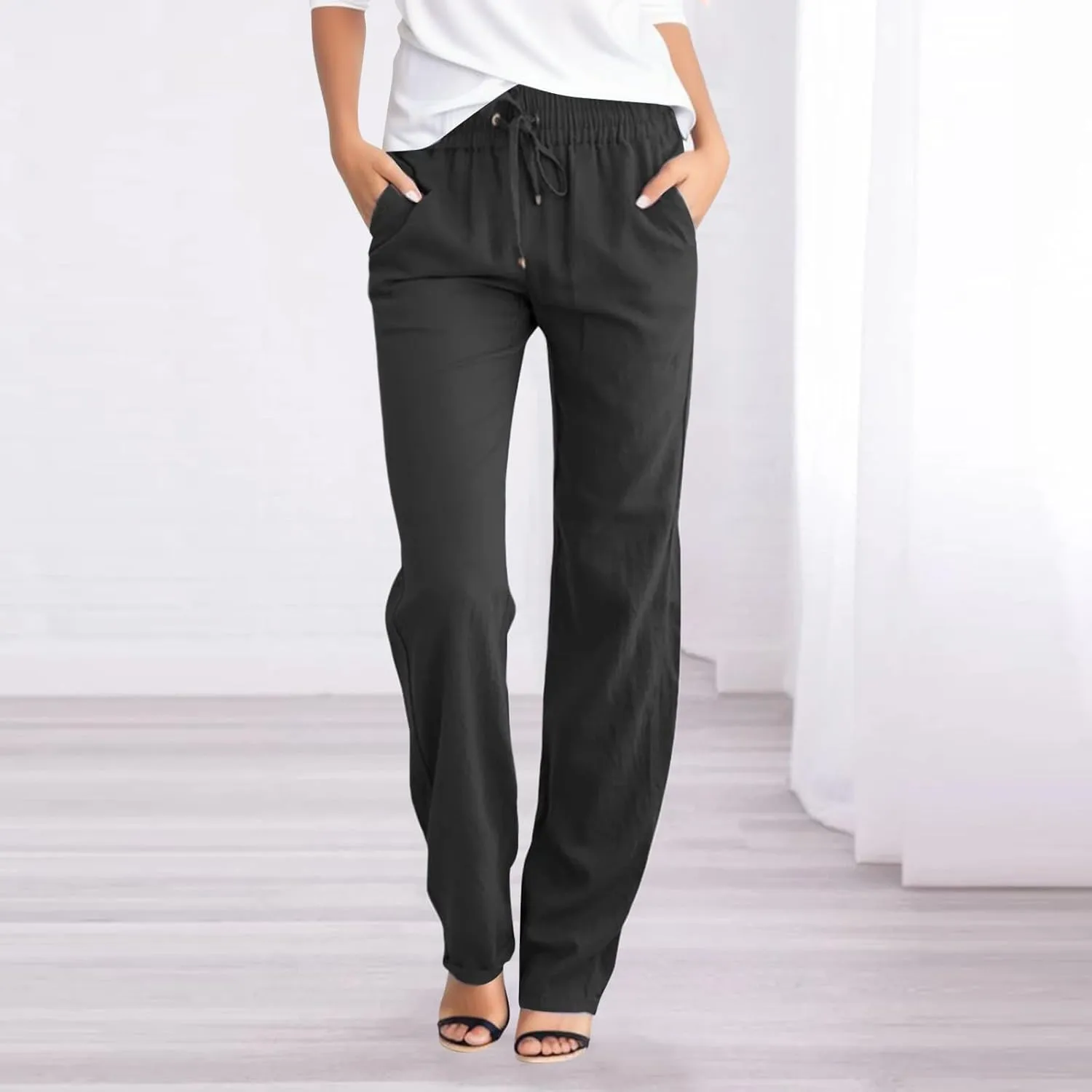 Womens Linen Pants High Waisted Casual Pants Straight Leg Drawstring Pants with Pockets Summer Beach Palazzo Pants Trousers