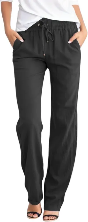 Womens Linen Pants High Waisted Casual Pants Straight Leg Drawstring Pants with Pockets Summer Beach Palazzo Pants Trousers