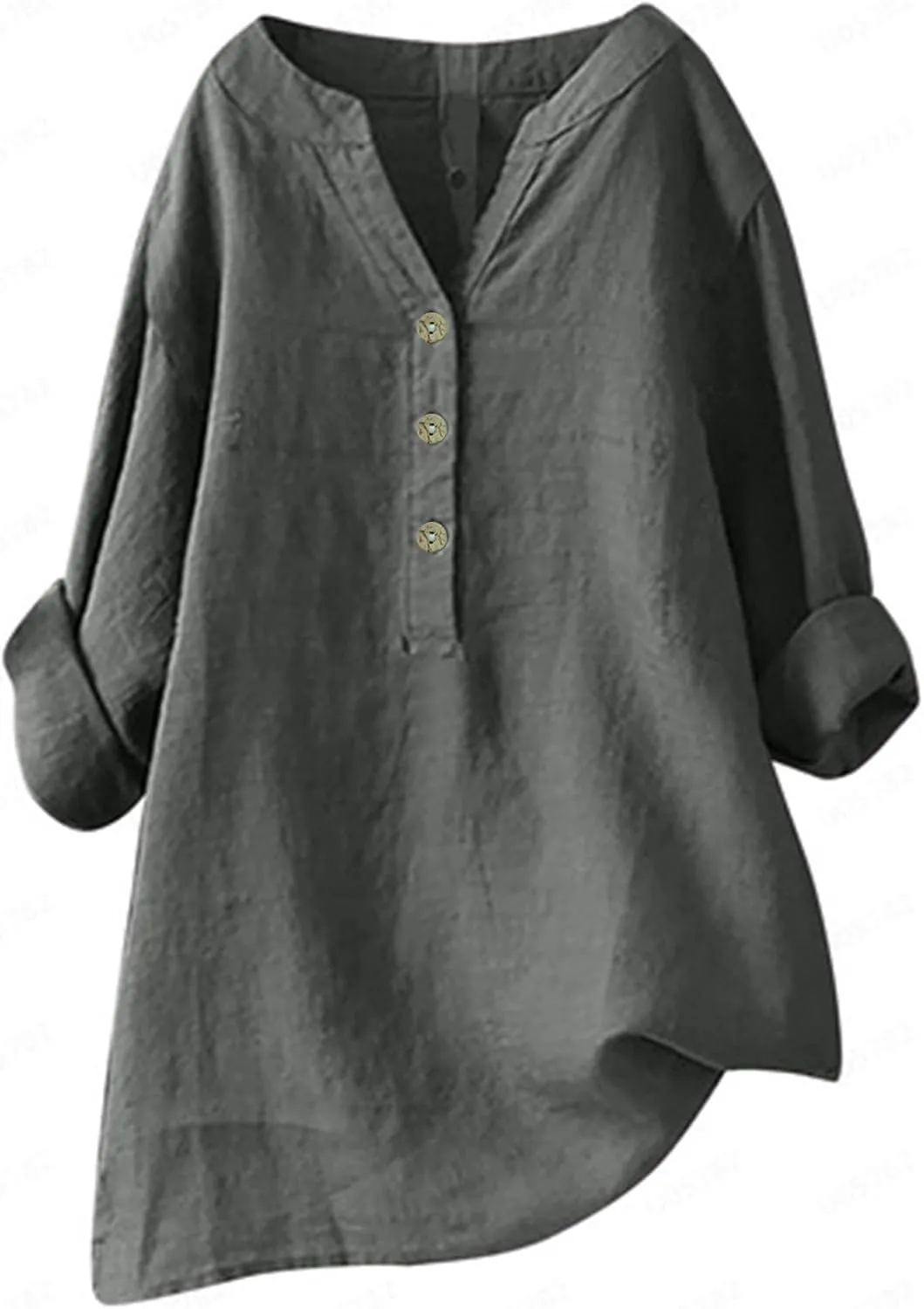 Women's Linen Shirts V-Neck Button Blouses Lapel Collar 2025 Summer Tee Shirts Long Sleeve Loose Fit T-Shirt