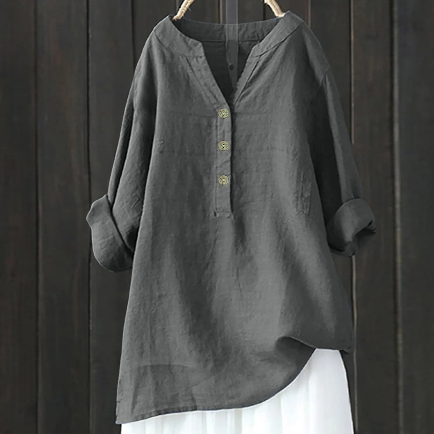 Women's Linen Shirts V-Neck Button Blouses Lapel Collar 2025 Summer Tee Shirts Long Sleeve Loose Fit T-Shirt