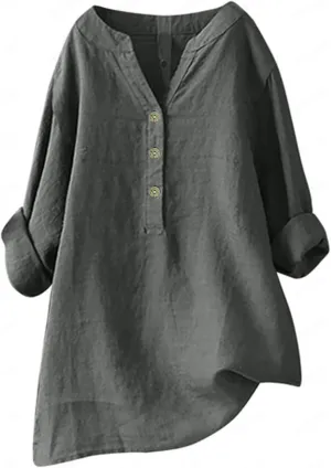 Women's Linen Shirts V-Neck Button Blouses Lapel Collar 2025 Summer Tee Shirts Long Sleeve Loose Fit T-Shirt