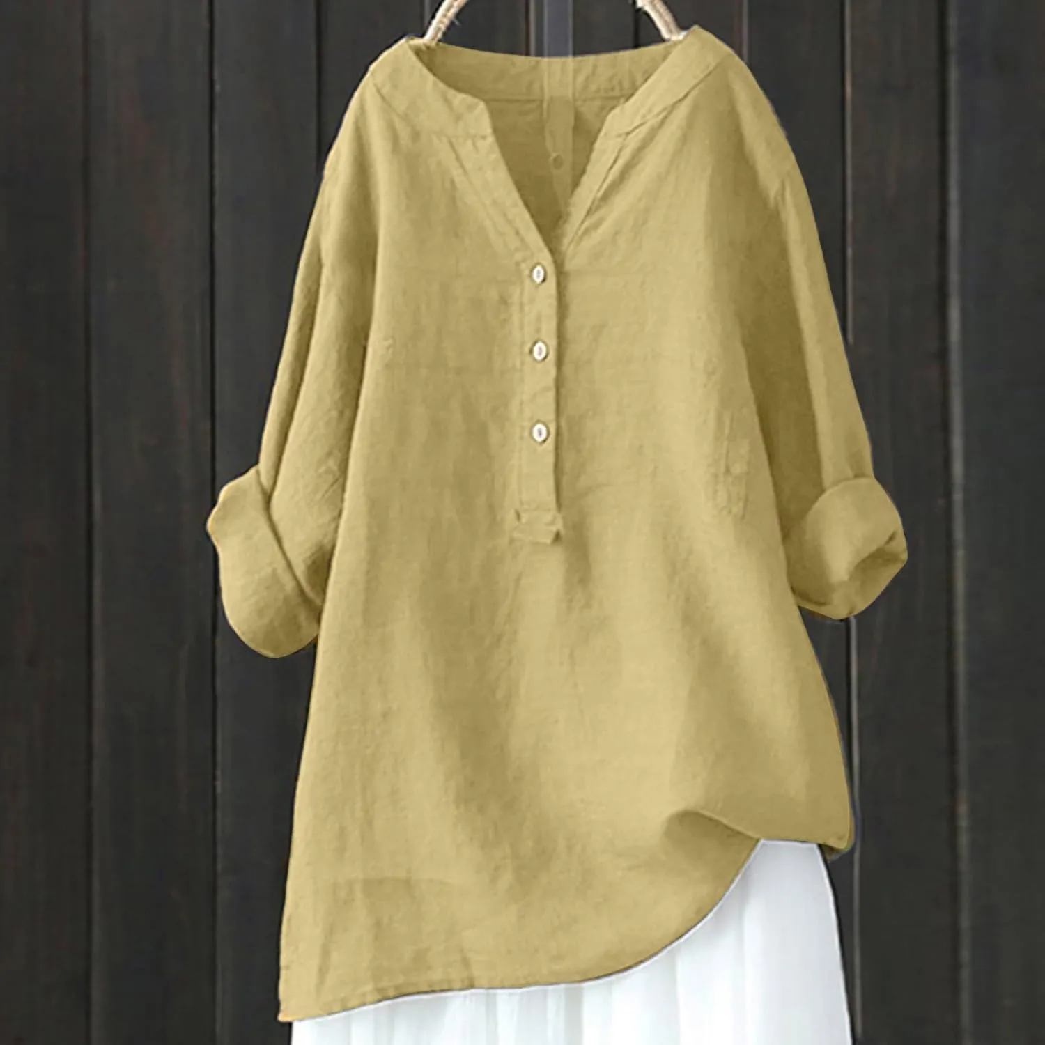 Women's Linen Shirts V-Neck Button Down Blouse Bohemian Beach Tee Shirt Short Sleeve Loose T-Shirts