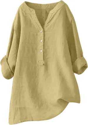 Women's Linen Shirts V-Neck Button Down Blouse Bohemian Beach Tee Shirt Short Sleeve Loose T-Shirts