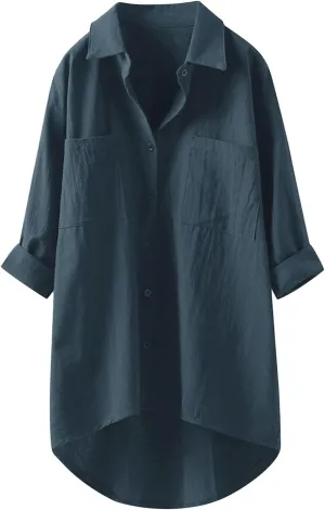 Womens Linen Shirts V Neck Buttons Blouses Solid Color Oversized Tops Short Sleeve Loose Fit Tunic Top