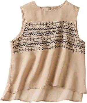 Womens Linen Tops Summer Sleeveless Scooped Neck Floral Embroidered Shirts Casual Oversized Loose Comfy Tees Blouses