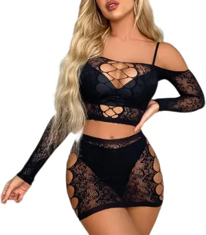 Womens Lingerie Set Naughty Lace Fishnet BabyDoll Bodysuit Nightwear Teddy 2 Piece Suits