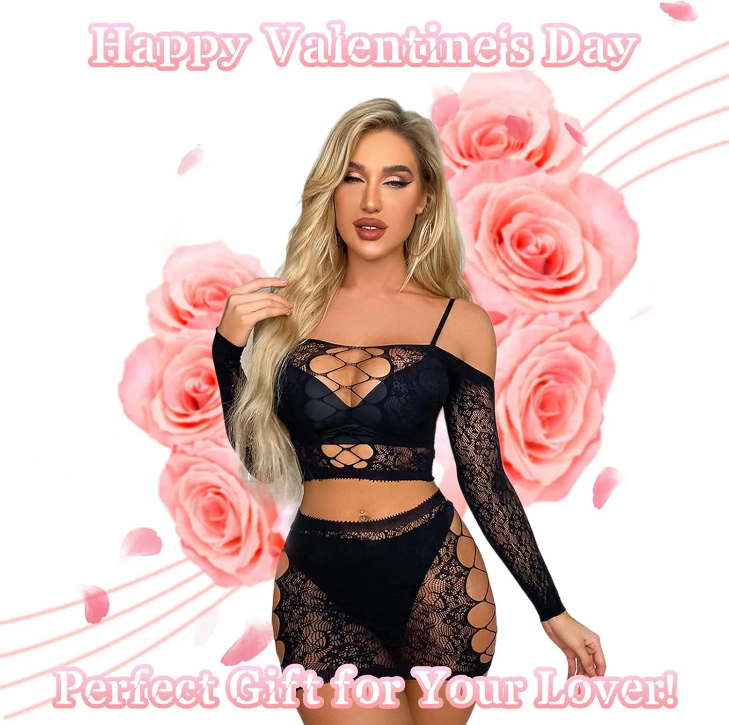 Womens Lingerie Set Naughty Lace Fishnet BabyDoll Bodysuit Nightwear Teddy 2 Piece Suits