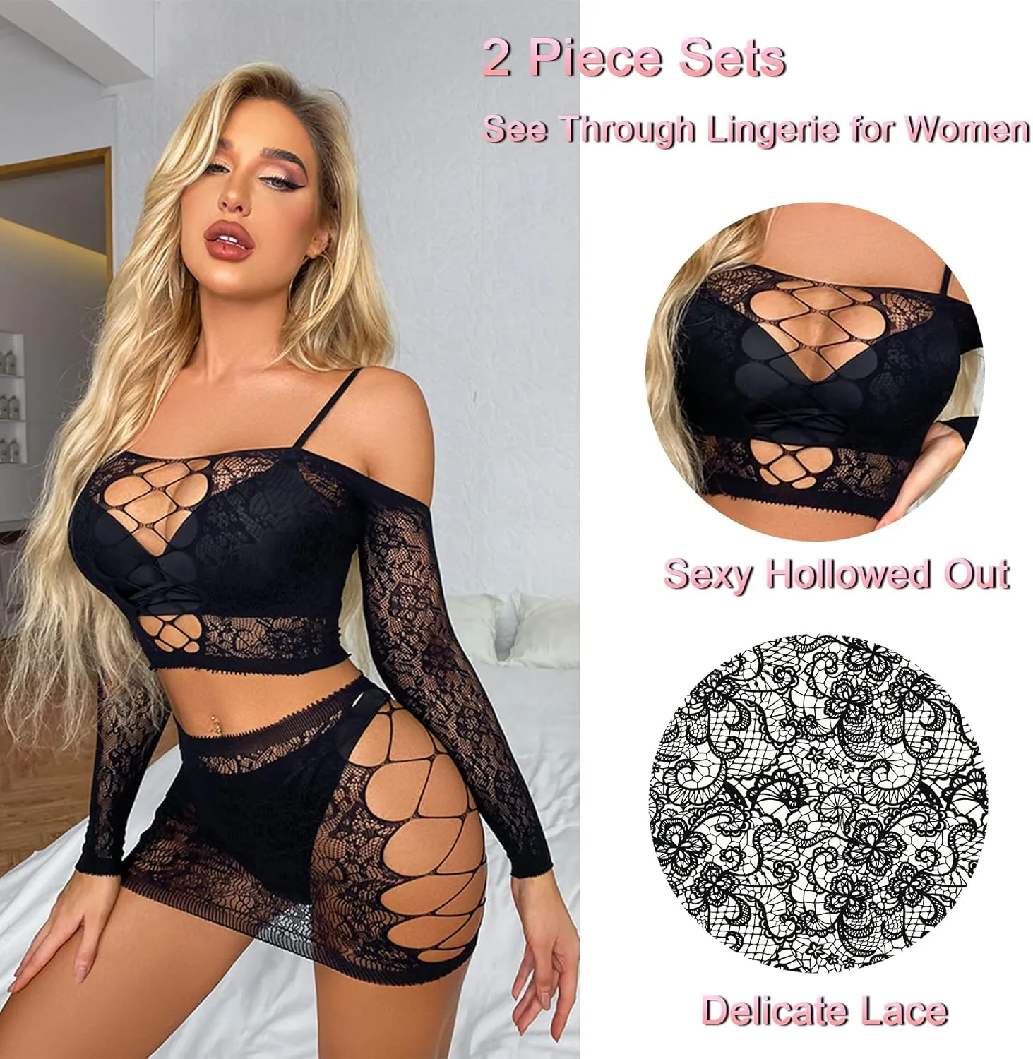 Womens Lingerie Set Naughty Lace Fishnet BabyDoll Bodysuit Nightwear Teddy 2 Piece Suits
