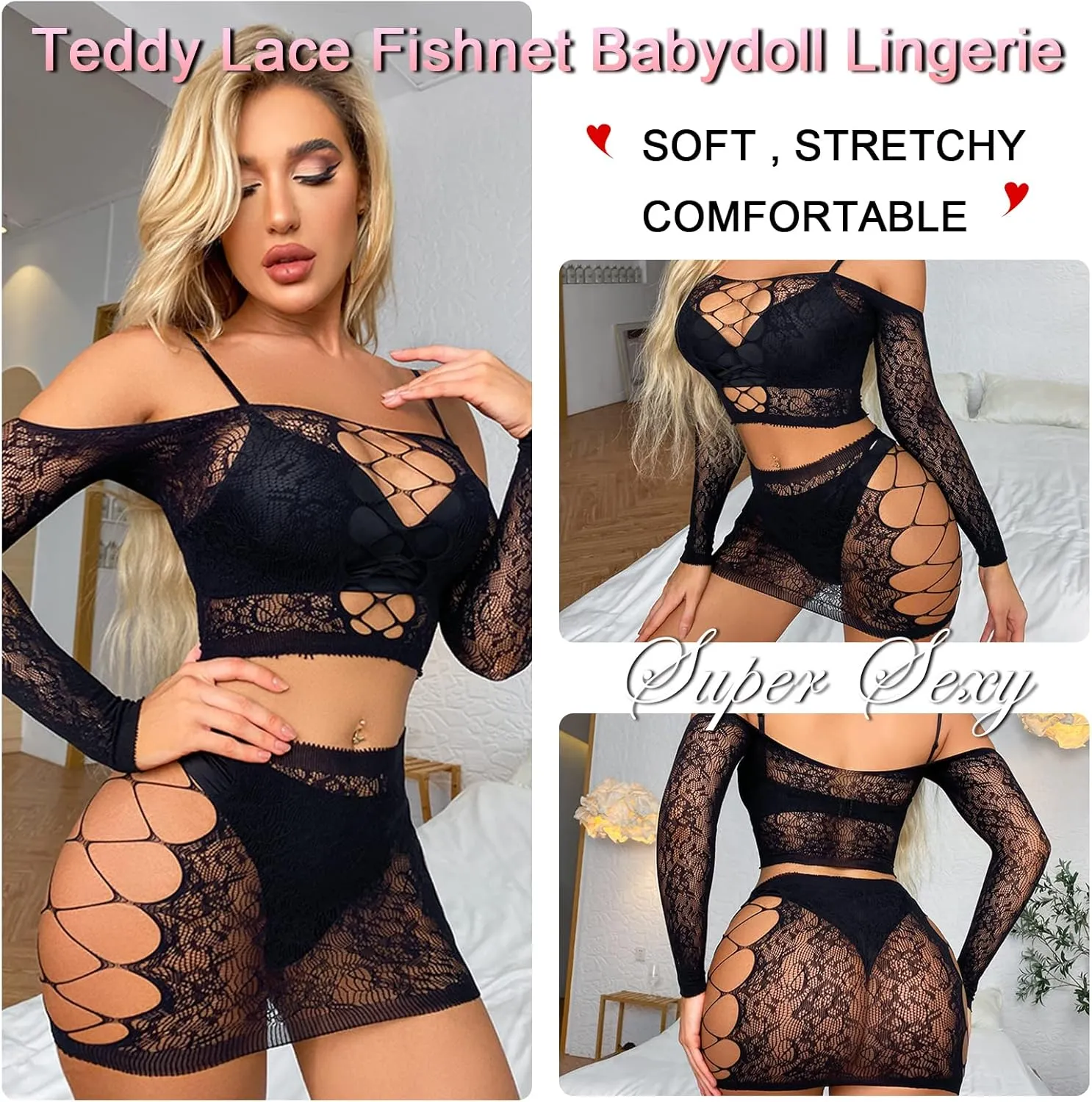 Womens Lingerie Set Naughty Lace Fishnet BabyDoll Bodysuit Nightwear Teddy 2 Piece Suits