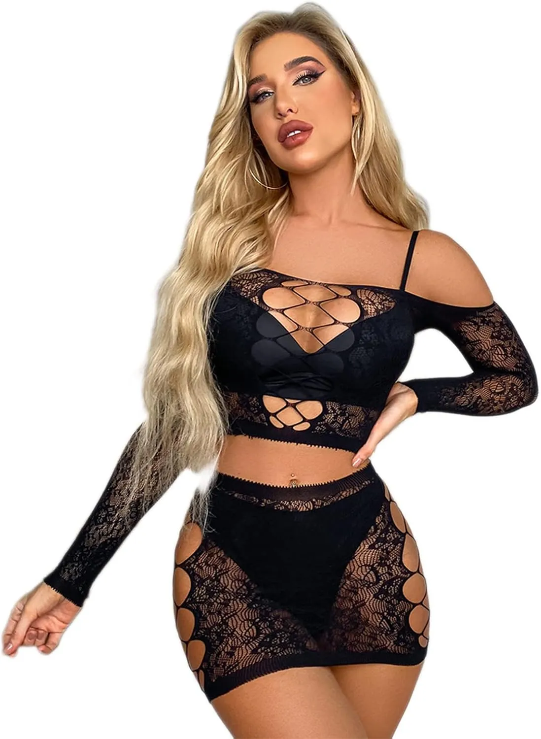 Womens Lingerie Set Naughty Lace Fishnet BabyDoll Bodysuit Nightwear Teddy 2 Piece Suits