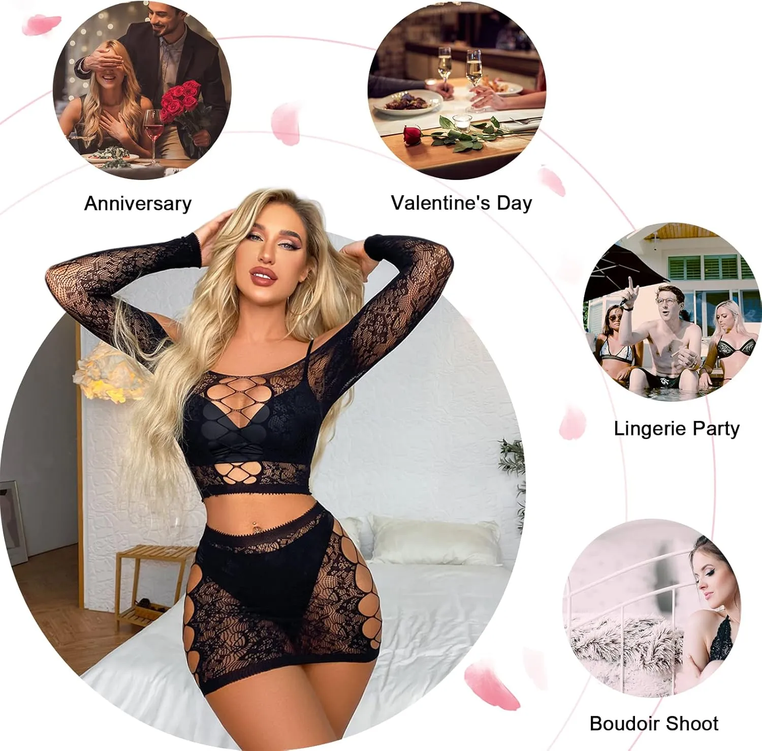Womens Lingerie Set Naughty Lace Fishnet BabyDoll Bodysuit Nightwear Teddy 2 Piece Suits