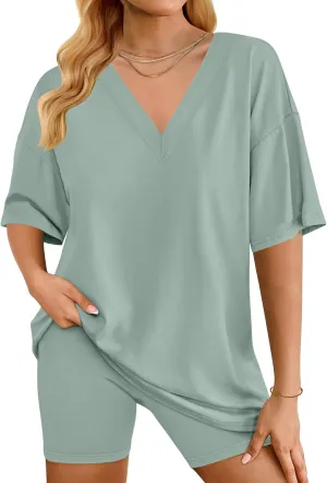 Womens Lounge Sets Cotton Pajamas Oversized Reversible TShirts Biker Shorts 2 Piece Loungewear Casual