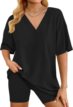 Womens Lounge Sets Cotton Pajamas Oversized Reversible TShirts Biker Shorts 2 Piece Loungewear Casual