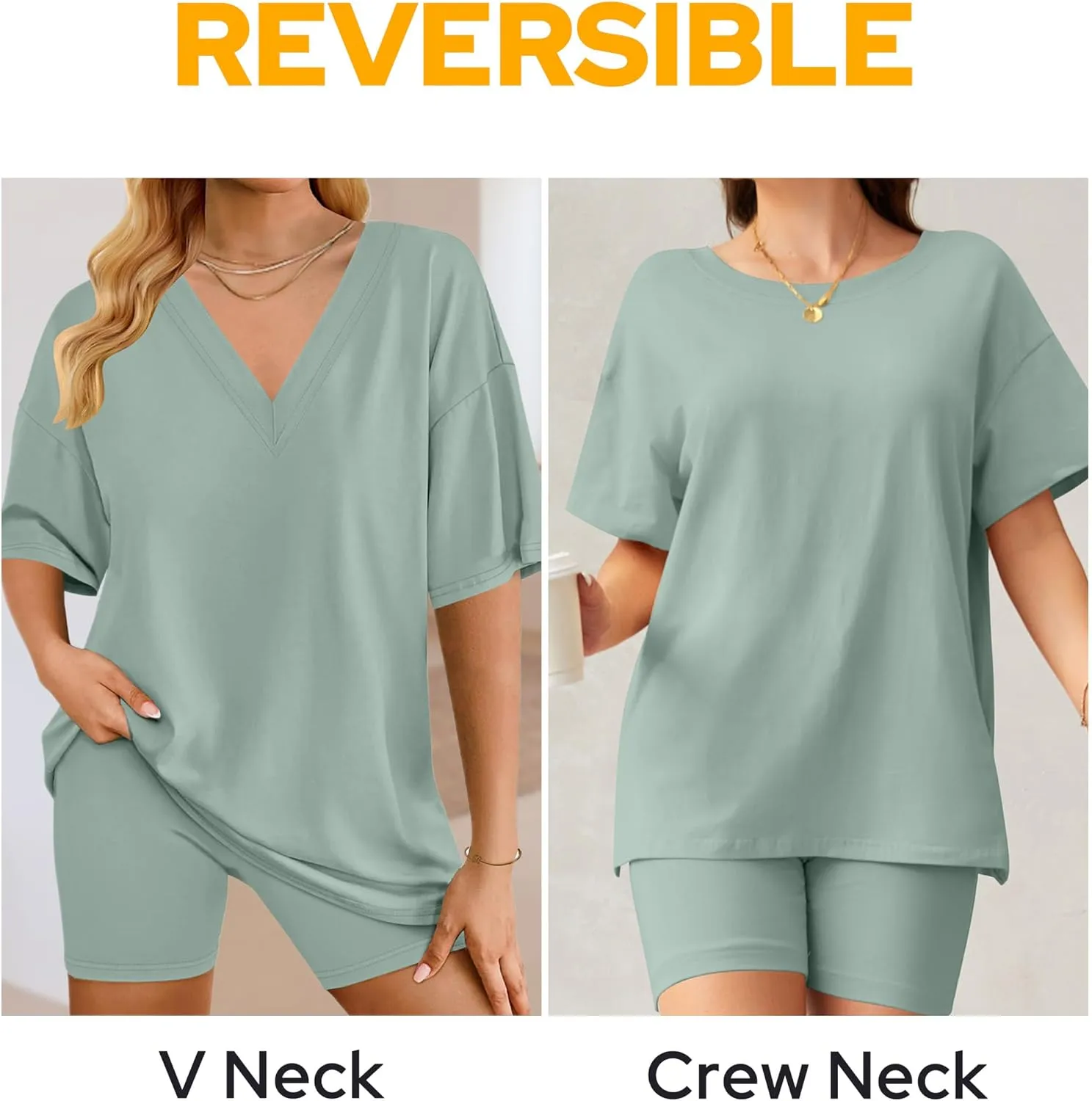 Womens Lounge Sets Cotton Pajamas Oversized Reversible TShirts Biker Shorts 2 Piece Loungewear Casual