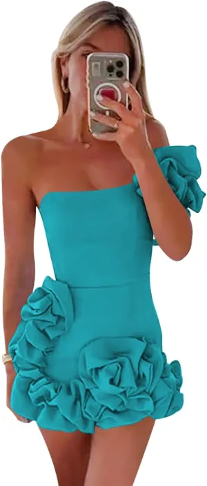 Women's One Shoulder Satin Homecoming Dresses for Teens Sexy Wrap Ruffles Mini Formal Cocktail Party Dress