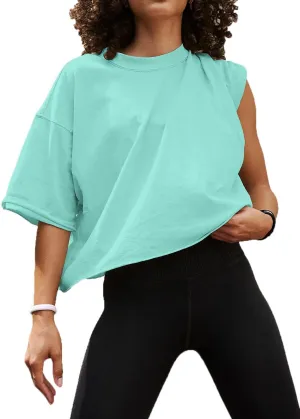 Women's Oversized Crop Tops Roll Hem Half Sleeve T-Shirts Drop Shoulder Casual Summer Tops