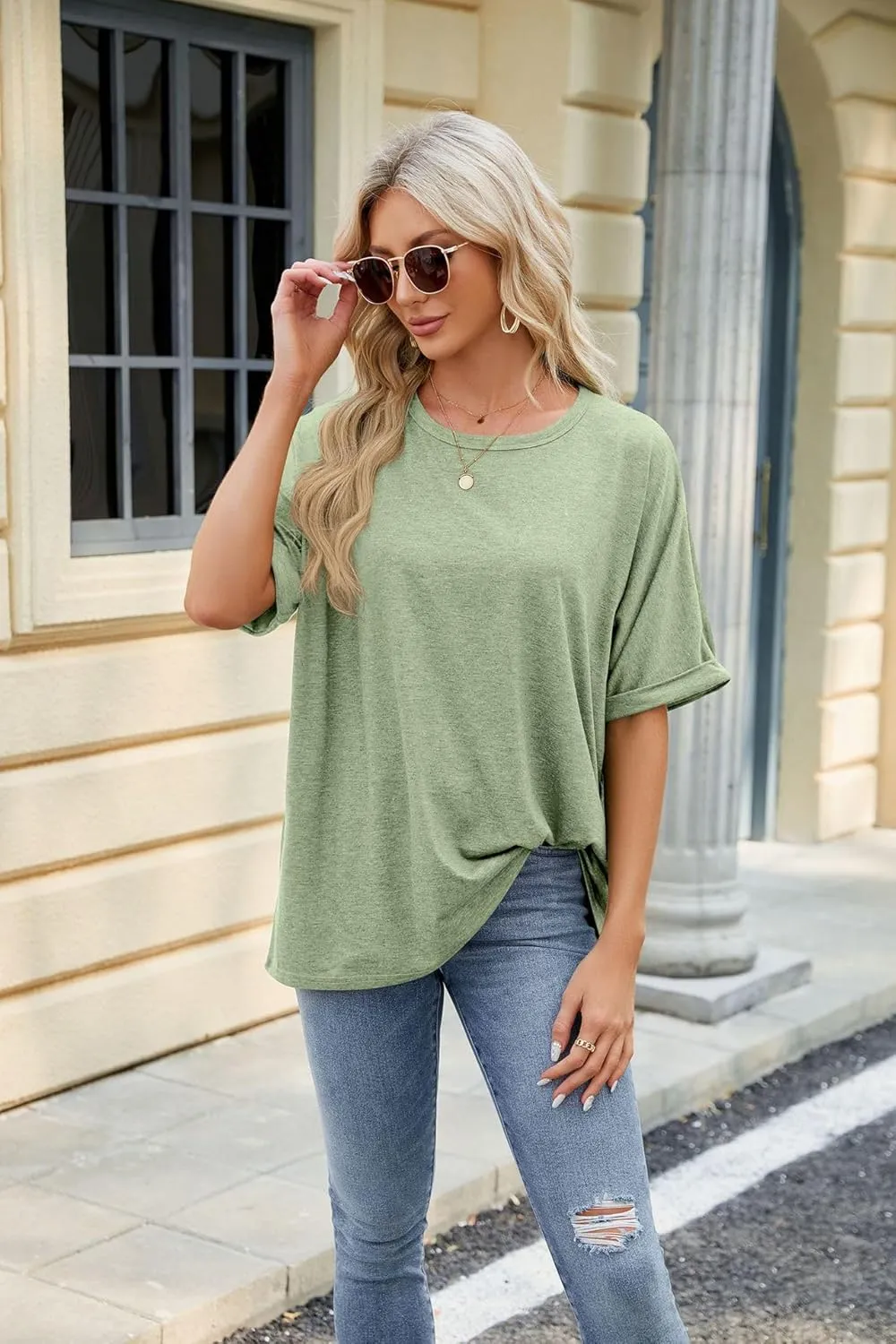 Womens Oversized T Shirts Short Sleeve Crewneck Summer Tops Casual Loose Blouse Basic Tee Tops