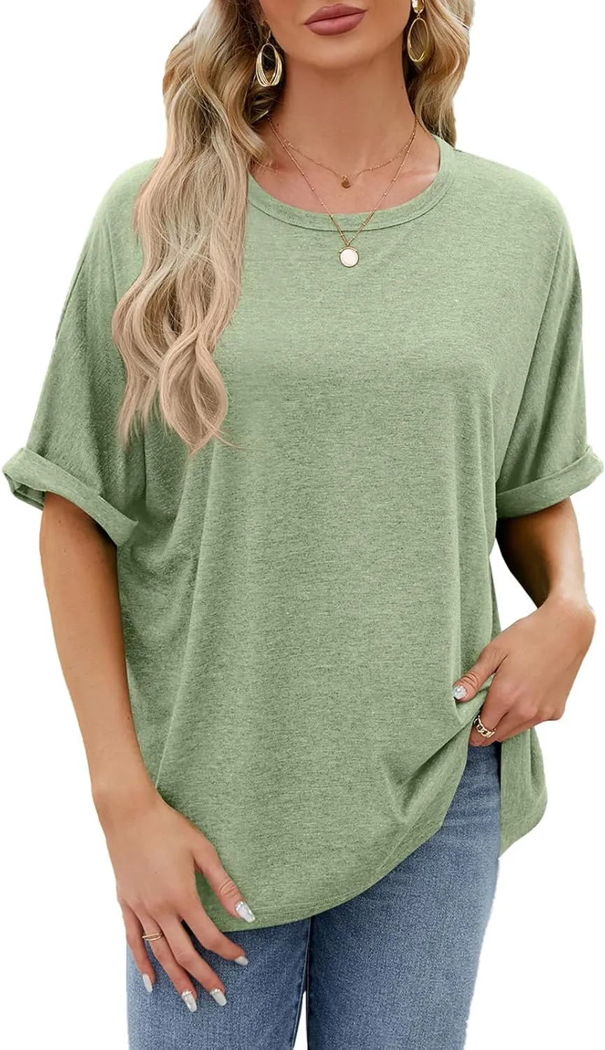 Womens Oversized T Shirts Short Sleeve Crewneck Summer Tops Casual Loose Blouse Basic Tee Tops