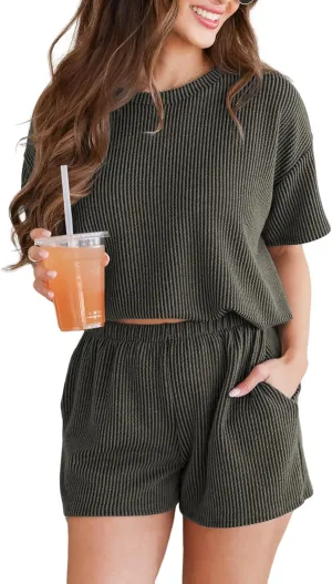Women's Pajama Set Knit Soft 2 Piece Outfits Short Sleeve Summer Sleepwear Pjs Lounge Sets