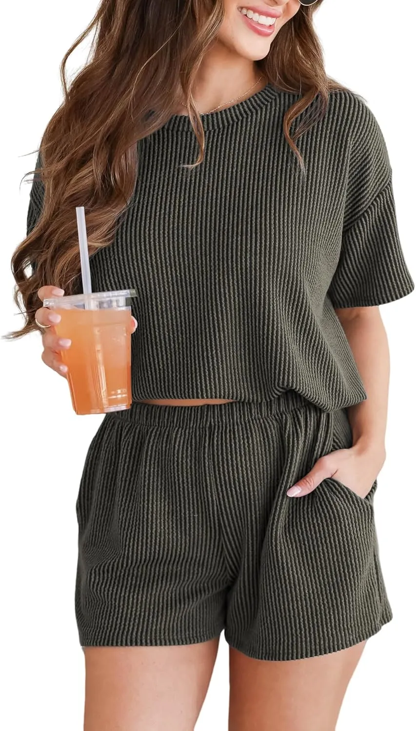 Women's Pajama Set Knit Soft 2 Piece Outfits Short Sleeve Summer Sleepwear Pjs Lounge Sets