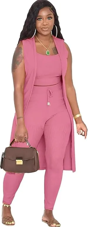 Women's Pants Set 3 Piece Lounge Pajamas Long Cardigan Crop Tank Tops with Drawstring Pants Outfit
