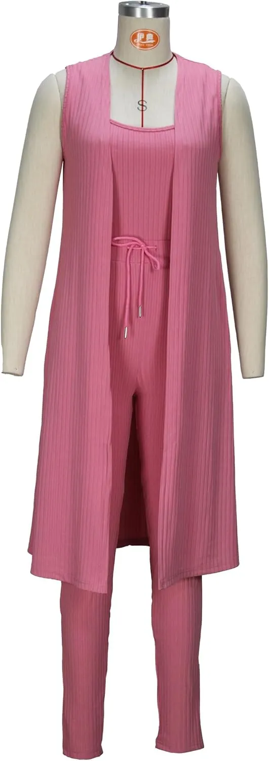 Women's Pants Set 3 Piece Lounge Pajamas Long Cardigan Crop Tank Tops with Drawstring Pants Outfit