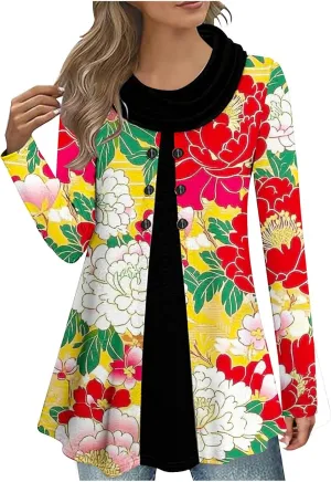 Womens Plus Size Cowl Neck Tops Button Down Tunic Tops Fashion Tunic Tops Fall Winter Tunic Tops Slim Fitting Tops