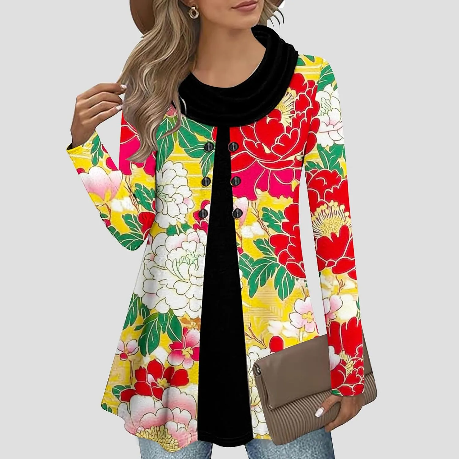 Womens Plus Size Cowl Neck Tops Button Down Tunic Tops Fashion Tunic Tops Fall Winter Tunic Tops Slim Fitting Tops