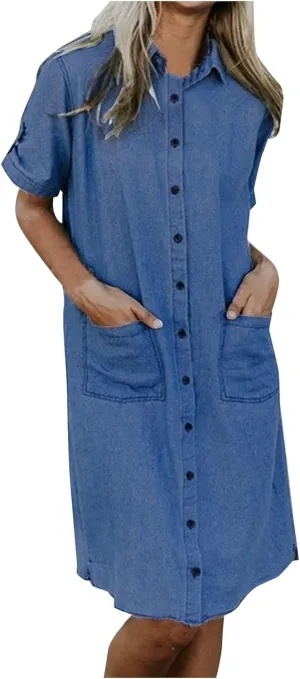 Womens Shirt Dress Summer Casual with Sleeves Sundresses Button Down Trendy Beach Cover Up Tunic Dresses with Pockets