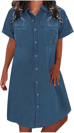 Womens Shirt Dress Summer Casual with Sleeves Sundresses Button Down Trendy Beach Cover Up Tunic Dresses with Pockets