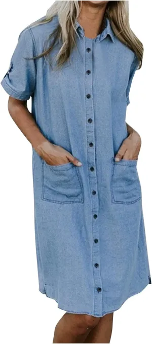 Womens Shirt Dress Summer Casual with Sleeves Sundresses Button Down Trendy Beach Cover Up Tunic Dresses with Pockets