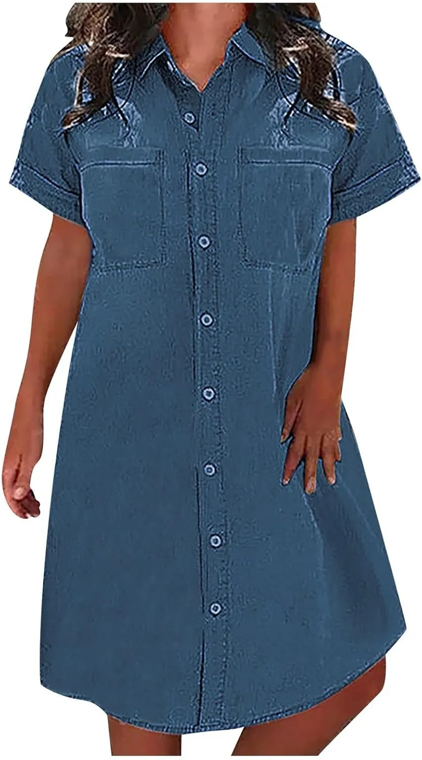 Womens Shirt Dress Summer Casual with Sleeves Sundresses Button Down Trendy Beach Cover Up Tunic Dresses with Pockets