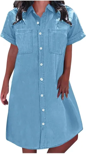 Womens Shirt Dress Summer Casual with Sleeves Sundresses Button Down Trendy Beach Cover Up Tunic Dresses with Pockets